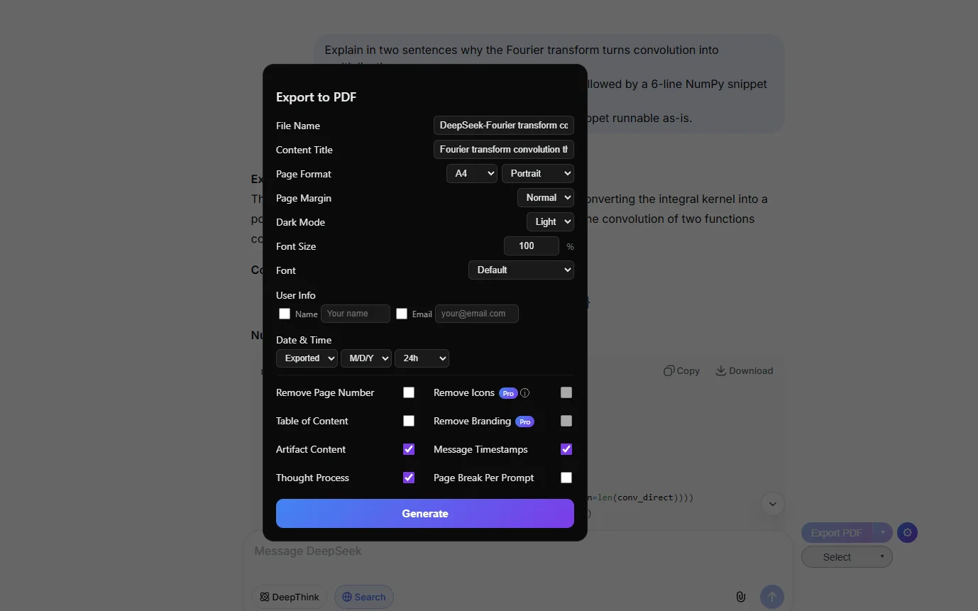 Extension Customize panel showing filename, page format, theme, font and ToC options