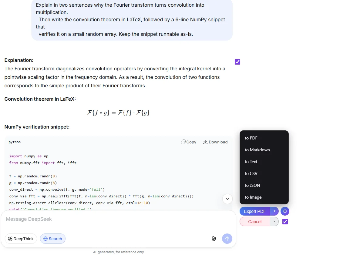 Format picker showing PDF, Markdown, Text, CSV, JSON and Image options