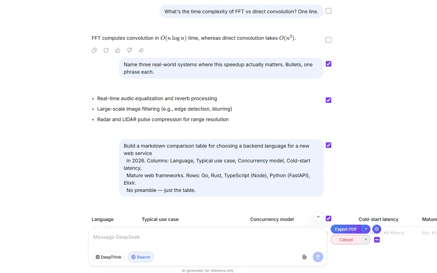Multiple DeepSeek messages with their checkboxes ticked, ready to export only what's selected