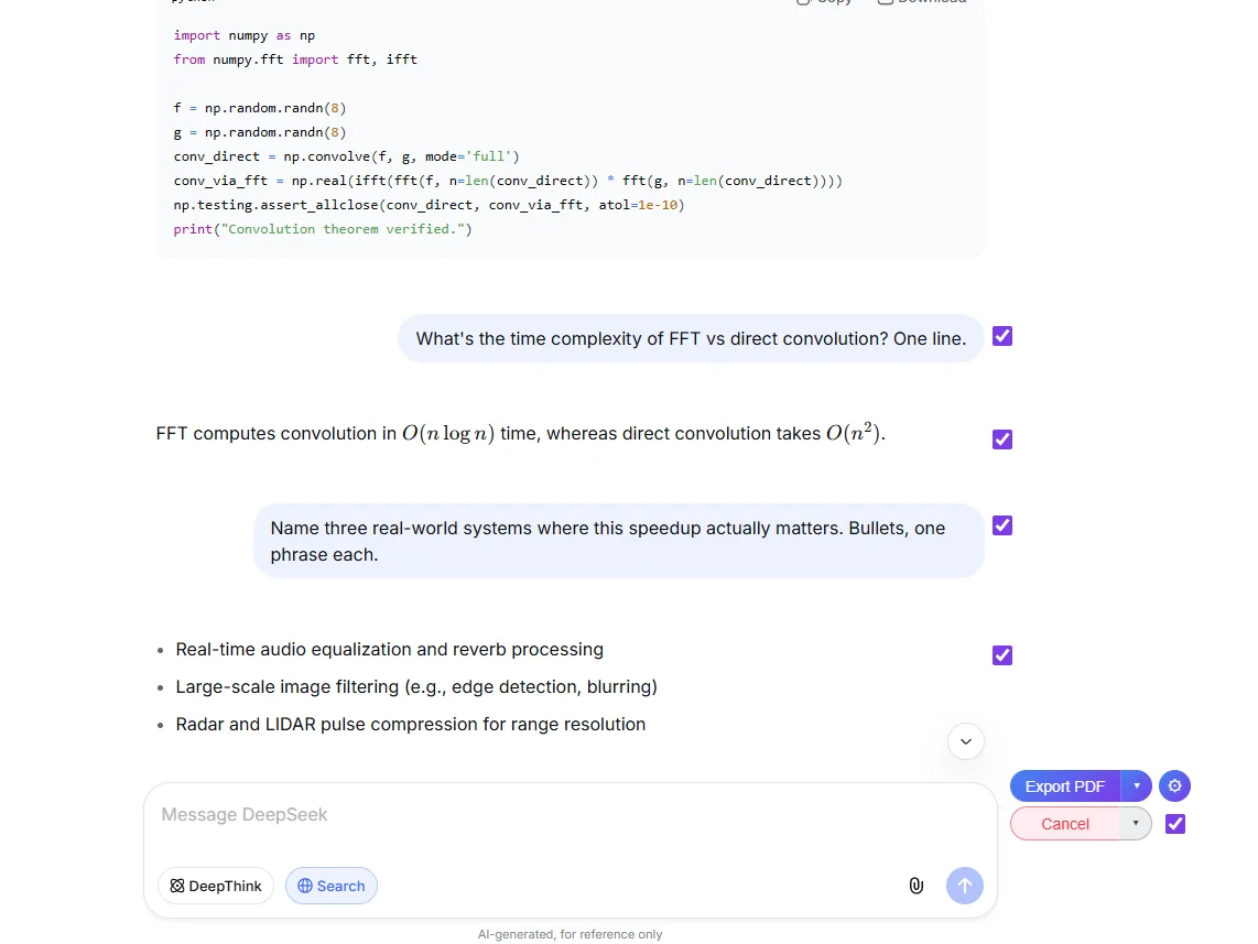 DeepSeek conversation with the extension's Select-mode active and Export PDF ready